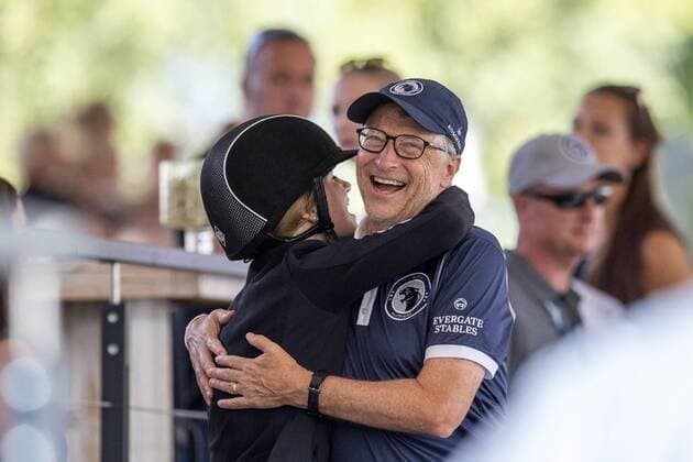 Berlin Global Jumping Berlin 2019, GATES Jennifer USA , GATES Bill Berlin Global Jumping Berlin 2019 embrace each other after Jennifer Gates won 5th place in the CSI5 Championships of the Deutsche Kreditbank AG in Berlin Jumping competition with jump-off, international 28 July 2019 Â©