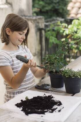 IMAGO Creative: Klimawandel - Umwelterziehung Girl repotting plant model released Symbolfoto  ALBF00938