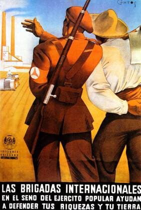 Spanish Civil War, International brigade, propaganda poster Spanish Civil War, International brigade, propaganda poster Las Brigadas Internacionales en el seno del Ejercito popular ayudan a defender tus riquezas y tu tierra (The International Brigades Defend your resources and your land). Copyright: xPhoto12 AnnxRonanxPicturexLibraryx ARP17A04415