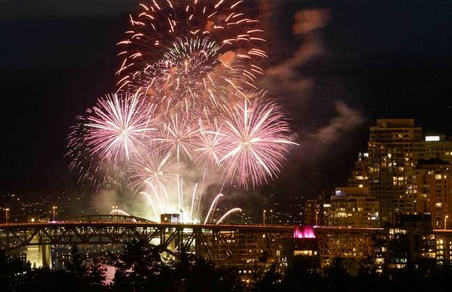 (190801) -- VANCOUVER, Aug. 1, 2019 (Xinhua) -- Team Canada lights up the sky during the Celebration of Light at English Bay in Vancouver, Canada, July 31, 2019. Team Canada lighted up the night sky with fireworks as part of the annual Honda Celebration of Light, which attracted hundred of thousands people to attend. (Photo by Liang Sen Xinhua) CANADA-VANCOUVER-CELEBRATION OF LIGHT-FIREWORKS-TEAM CANADA 