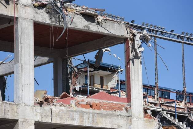 August 1, 2019, Madrid, Madrid, Spain: A view of Vicente Calderon stadium during its demolition in Madrid..Spanish football club Atletico Madrid makes 182 million euros from sale of three plots of land of the old stadium area. These have been purchased by Azora, CBRE, Vivenio, Renta Corporacion and APG. They will be used for the construction of about 400 homes and common areas. Madrid Spain - ZUMAs197 20190801_zab_s197_066 Copyright: xJohnxMilnerx