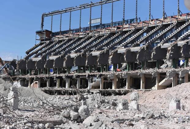 August 1, 2019, Madrid, Madrid, Spain: A view of Vicente Calderon stadium during its demolition in Madrid..Spanish football club Atletico Madrid makes 182 million euros from sale of three plots of land of the old stadium area. These have been purchased by Azora, CBRE, Vivenio, Renta Corporacion and APG. They will be used for the construction of about 400 homes and common areas. Madrid Spain - ZUMAs197 20190801_zab_s197_071 Copyright: xJohnxMilnerx