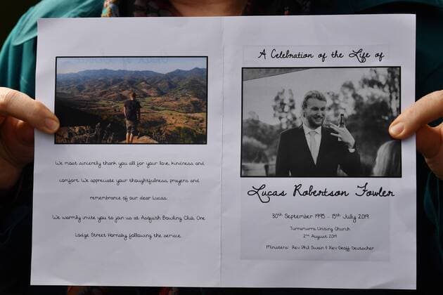 LUCAS FOWLER MEMORIAL SERVICE, The order of service booklet for the memorial service for Lucas Fowler at Turramurra Uniting Church in Sydney, Friday, August, 2, 2019. Australian tourist Lucas Fowler who, along with his American girlfriend Chynna Deese, was shot dead and left on the side of a British Columbia highway. ( NO ARCHIVING, EDITORIAL USE ONLY, NO USE IN BOOKS WITHOUT CONSENT SYDNEY NSW AUSTRALIA  Copyright: xDEANxLEWINSx 20190802001411534853