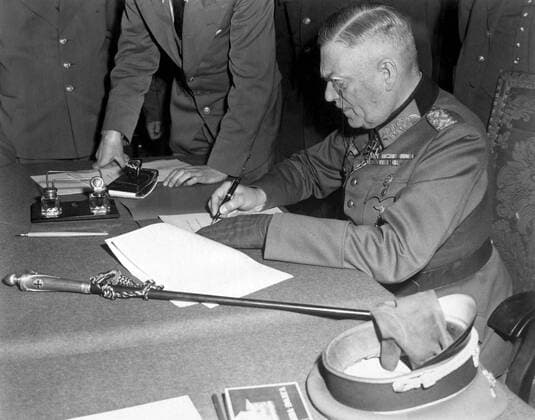 Photograph of Field Marshal Wilhelm Keitel Photograph of Field Marshal Wilhelm Keitel (1882-1946) signing the ratified surrender terms for the German military in Berlin. Dated 1945 Copyright: xPhoto12 AnnxRonanxPicturexLibraryx ARP18A11267