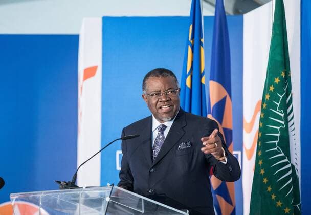 (190802) -- WALVIS BAY (NAMIBIA), Aug. 2, 2019 -- Namibia s President Hage Geingob delivers a speech at the inauguration ceremony of the new container terminal in Walvis Bay, Namibia, Aug. 2, 2019. Namibia s quest to become an international trade hub and gateway advanced further Friday with the official inauguration of the country s 400-million-U.S.-dollar new container terminal in Walvis Bay by the county s President Hage Geingob. The new container terminal located in the port town of Walvis Bay was constructed on 40 hectares of land reclaimed from the sea by China Harbor Engineering Company Ltd (CHEC) under just five years. ) TO GO WITH Chinese-built Walvis Bay container terminal in Namibia inaugurated NAMIBIA-WALVIS BAY-CHINESE-BUILT CONTAINER TERMINAL-INAUGURATION ZhangxYu 