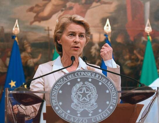 (190803) -- ROME, Aug. 3, 2019 -- European Commission president-elect Ursula von der Leyen speaks at a news conference in Rome, Italy, Aug. 2, 2019. The European Union (EU) Commission could propose a new effective, efficient, but also human pact on migration and asylum, European Commission president-elect Ursula von der Leyen said here on Friday before meeting with Italian Prime Minister Giuseppe Conte. (Photo by Alberto Lingria Xinhua) ITALY-ROME-EU COMMISSION-PRESIDENT-ELECT-NEW PACT ON MIGRATION ChengxTingting 