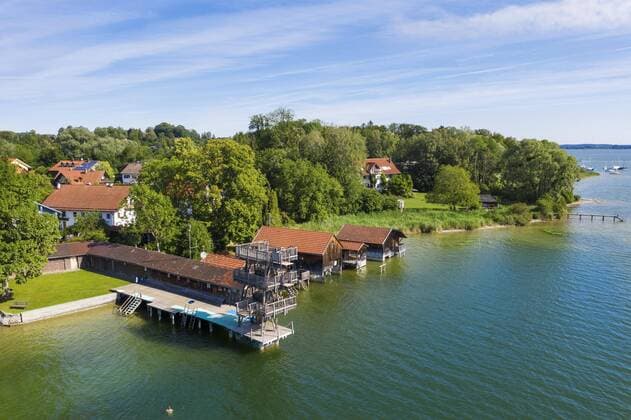 diving tower in the lido, Utting am Ammersee, Fünfseenland, aerial view, Upper Bavaria, Bavaria, Germany, Europe Copyright: imageBROKER/MartinxSiepmann ibxman04968211.jpg