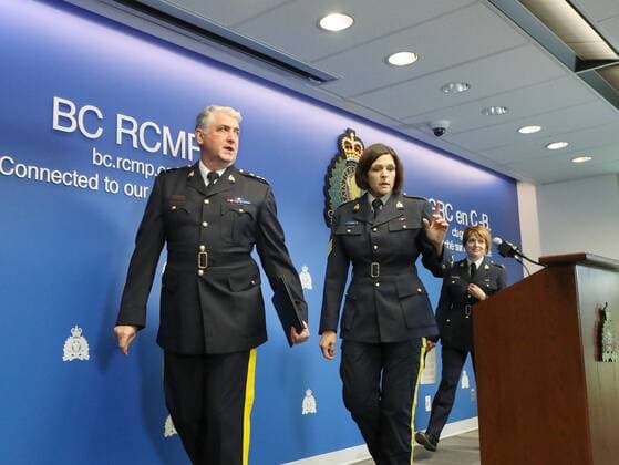(L-R) Assistant Commissioner Kevin Hackett, S Sgt Janelle Shoihet and S Sgt Annie Linteau depart a press conference at Surrey, British Columbia (BC), RCMP E Division on Wednesday, August 7, 2019 where they confirmed BC murder suspects Bryer Schmegelsky and Kam McLeod were found deceased in dense forest near Gillam Manitoba earlier today. The two were charged with the second degree murder of a BC man and are suspects in the murder of an Australian man and his American girlfriend.  VAP2019080704 HEINZxRUCKEMANN