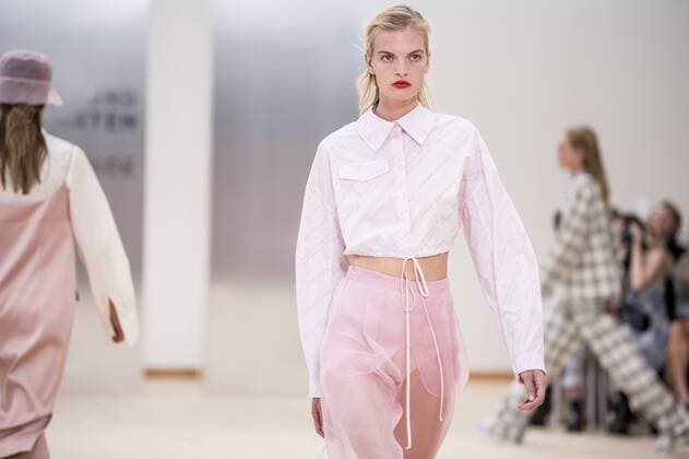A model shows clothes at the Baum und Pferdgarten Show at Copenhagen Contemporary, Thursday, August 8, 2019 The show is part of Copenhagen Fashion Week, Copenhagen Denmark,  Copyright: RitzauxScanpix MadsxClausxRasmussenx COP101 spdk20190808-171335-L
