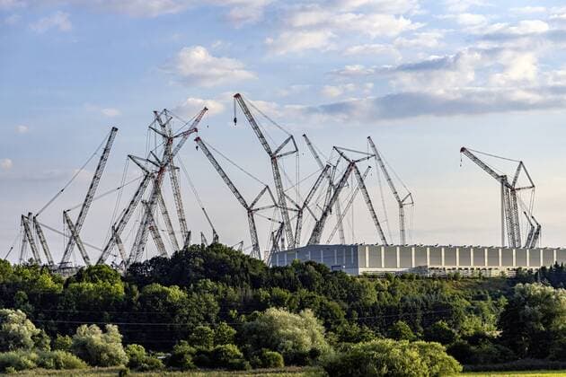 DEU, Germany, Baden Württemberg, Ehingen, 04 08 2019 Cranes at Liebherrs Ehingen plant