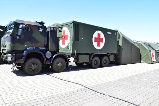 The mobile armoured rescue station of the paramedics completely assembled with tent, operation container and supply container on trailer Gardelegen Sachsen Anhalt