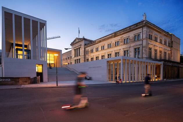Museum Island Germany, Berlin, 21 07 2019, James Simon Galerie, new entrance to the Pergamonmuseum, Neues Museum on the right, E Scooter,