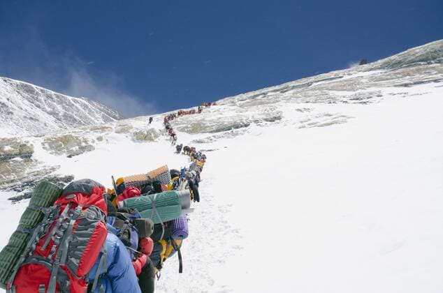 A line of climbers on the Lhotse Face, Mount Everest, Solu Khumbu Everest Region, Sagarmatha National Park, UNESCO World Heritage Site, Nepal, Himalayas, Asia Copyright: ChristianxKober 733-5691