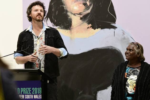 ARCHIBALD PEOPLE?S CHOICE AWARD, Artist David Darcy (left) and Aboriginal Elder Daisy Tjuparntarri Ward are seen during the announcement of the 2019 Archibald People s Choice award winner at the Art Gallery of NSW in Sydney, Wednesday, August 14, 2019. David Darcy s portrait of Daisy, Tjuparntarri - Women s Business , has won the 2019 Archibald People s Choice award. ( NO ARCHIVING, EDITORIAL USE ONLY, NO USE IN BOOKS WITHOUT CONSENT SYDNEY NSW AUSTRALIA  Copyright: xBIANCAxDExMARCHIx 20190814001413242726