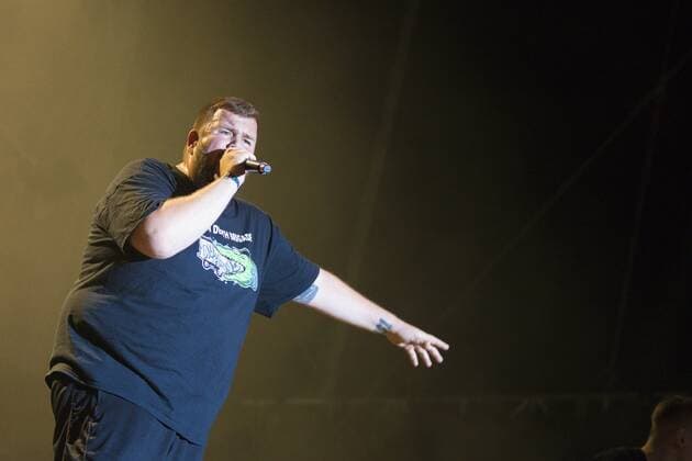 the german punkrock band Feine Sahne Fischfilet Vocals Jan Monchi Gorkow E Guitar, Vocals Christoph Sell Trumpet Jacobus North Trumpet Max Bobzin E Bass Kai Irrgang Drums Olaf Ney at the Highfield Festival 2019 at the Störmthaler See south of Leipzig numerous pyros were ignited during the show