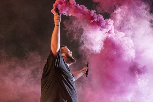 the german punkrock band Feine Sahne Fischfilet Vocals Jan Monchi Gorkow E Guitar, Vocals Christoph Sell Trumpet Jacobus North Trumpet Max Bobzin E Bass Kai Irrgang Drums Olaf Ney at the Highfield Festival 2019 at the Störmthaler See south of Leipzig numerous pyros were ignited during the show