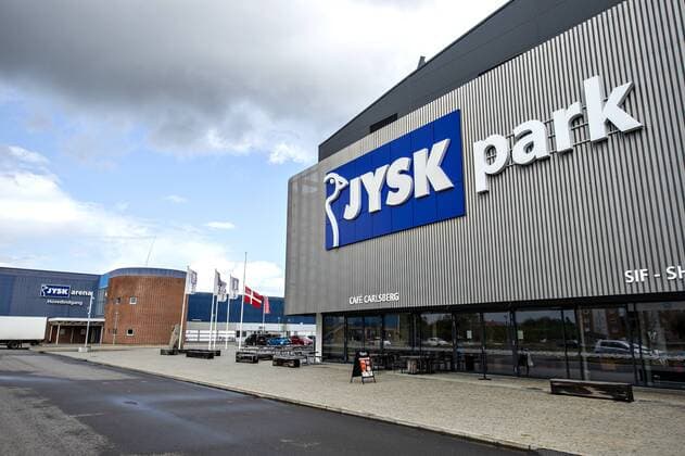 The flag on half pole at Jysk Park and Jysk Arena in Silkeborg, Monday 19 August 2019 Lars Larsen, founder of Jysk Sengetoejslager, is dead Lars Larsen lived in Silkeborg, Silkeborg Jutland Denmark,  Copyright: HenningxBagger HenningxBaggerx COP103 spdk20190819-140751-L