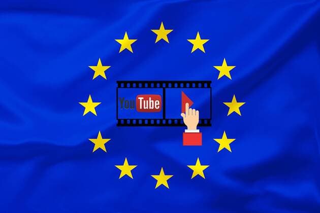 Flagge der Europaeischen Gemeinschaft mit YouTube-Logo, Uploadfilter, Composition, Europa flag of EU with symbol of Youtube-Upload filter, composition, Europe BLWS542099 Copyright: xblickwinkel McPHOTO