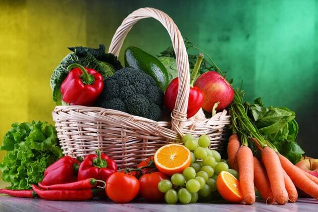  Fresh organic fruits and vegetables in wicker basket  Copyright: xmonticellox Panthermedia26579520