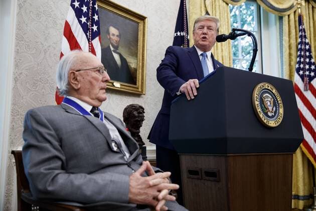 US President Donald J. Trump delivers remarks after awarding the Presidential Medal of Freedom to NBA Boston Celtics legend Robert Cousy during a ceremony in the Oval Office of the White House in Washington, DC, USA, 22 August 2019. Cousy, who played point guard with the Boston Celtics from 1950 to 1963, played in 13 straight NBA All-Star Games and earned six NBA championship rings. Copyright: xThewx xPoolxviaxCNPx xMediaPunchx