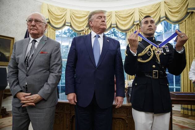 US President Donald J. Trump awards the Presidential Medal of Freedom to NBA Boston Celtics legend Robert Cousy during a ceremony in the Oval Office of the White House in Washington, DC, USA, 22 August 2019. Cousy, who played point guard with the Boston Celtics from 1950 to 1963, played in 13 straight NBA All-Star Games and earned six NBA championship rings. Copyright: xThewx xPoolxviaxCNPx xMediaPunchx