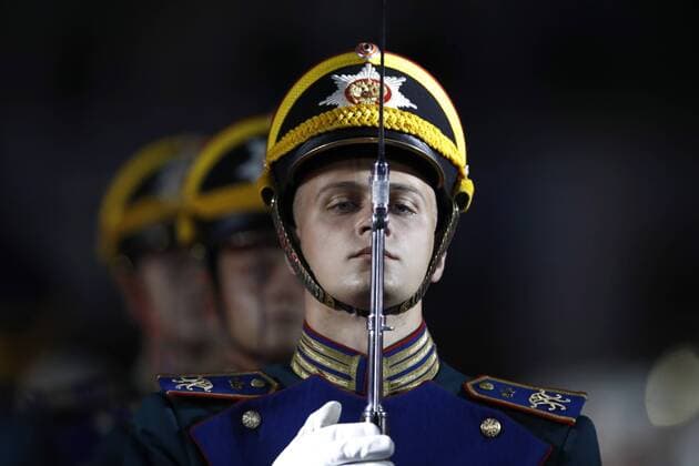 Russland, MilitÃ¤rmusik-Festival in Moskau MOSCOW, RUSSIA - AUGUST 23, 2019: Servicemen of a special guard troop of the Kremlin Regiment, part of the Russian Federal Protective Service, perform during the opening ceremony of the 12th Spasskaya Tower International Military Music Festival in Red Square. Artyom Geodakyan TASS  TS0B7927