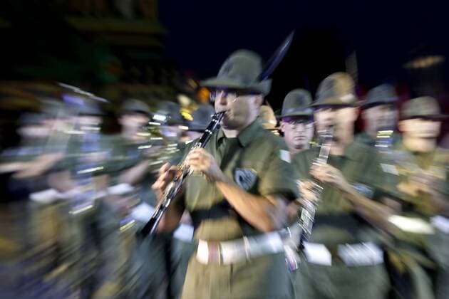 Russland, MilitÃ¤rmusik-Festival in Moskau MOSCOW, RUSSIA - AUGUST 23, 2019: Members of the Italian Alpine Troops band Andrea Morandi Fanfara Alpina Tridentina perform during the opening ceremony of the 12th Spasskaya Tower International Military Music Festival in Red Square. Artyom Geodakyan TASS  TS0B79A3
