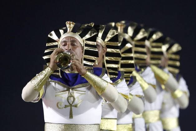 Russland, MilitÃ¤rmusik-Festival in Moskau MOSCOW, RUSSIA - AUGUST 23, 2019: Members of the Egyptian Military Symphonic Band perform during the opening ceremony of the 12th Spasskaya Tower International Military Music Festival in Red Square. Artyom Geodakyan TASS  TS0B79AC
