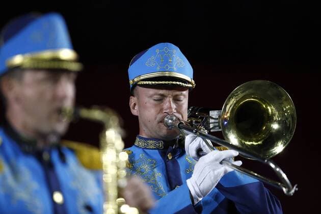 Russland, MilitÃ¤rmusik-Festival in Moskau MOSCOW, RUSSIA - AUGUST 23, 2019: Members of the Exemplary Band of the National Guard of Kazakhstan perform during the opening ceremony of the 12th Spasskaya Tower International Military Music Festival in Red Square. Artyom Geodakyan TASS  TS0B79B0