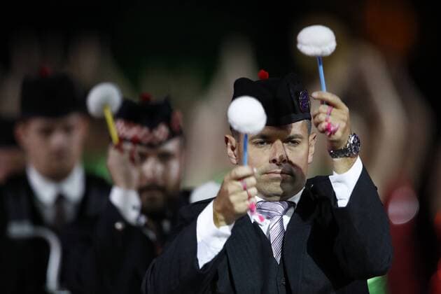 Russland, MilitÃ¤rmusik-Festival in Moskau MOSCOW, RUSSIA - AUGUST 23, 2019: Members of the International Celtic Massed Pipes and Drums band perform during the opening ceremony of the 12th Spasskaya Tower International Military Music Festival in Red Square. Artyom Geodakyan TASS  TS0B79B6