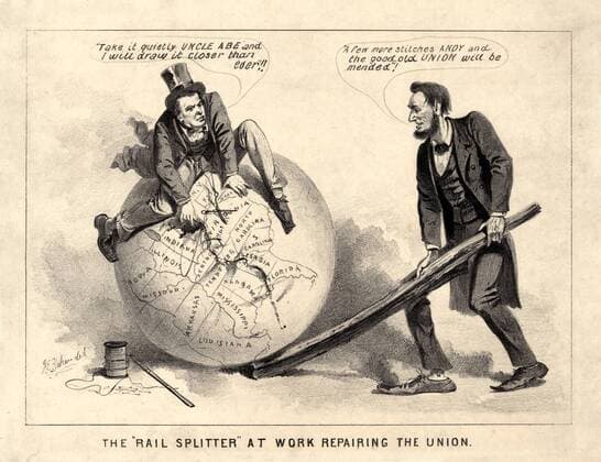 The Rail Splitter at Work Repairing the Union , Political Cartoon Featuring U.S. President Abraham Lincoln and Vice President Andrew Johnson, Joseph E. Baker, 1865  Copyright: xCircaxImagesx ghi-circa06518