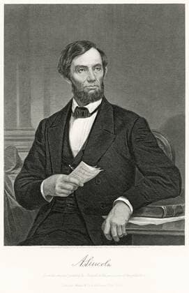 Abraham Lincoln (1809-65), 16th President of the United States, Seated Portrait, Steel Engraving, Portrait Gallery of Eminent Men and Women of Europe and America by Evert A. Duyckinck, Published by Henry J. Johnson, Johnson, Wilson & Company, New York, 1873  Copyright: xJTxVintagex jtv011524