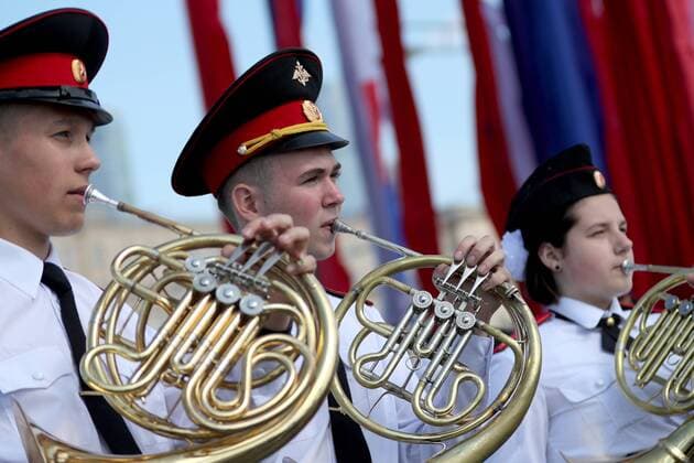 MOSCOW, RUSSIA - AUGUST 24, 2019: Massed band musicians of Moscow s secondary school No 1770 perform on the Poklonnaya Hill at the festival of children s wind bands as part of the 2019 Spasskaya Tower International Military Music Festival. Mikhail Tereshchenko TASS  TS0B7A11