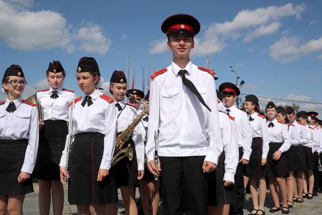 MOSCOW, RUSSIA - AUGUST 24, 2019: Massed band musicians of Moscow s secondary school No 1770 perform on the Poklonnaya Hill at the festival of children s wind bands as part of the 2019 Spasskaya Tower International Military Music Festival. Mikhail Tereshchenko TASS  TS0B7A15