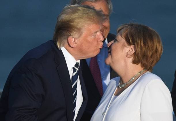 . 25 08 2019. Biarritz, France. Boris Johnson attends the G7- Day Two. President Trump greets Angela Merkel at the G7 Summit in Biarritz, France.  xAndrewxParsonsx xi-Imagesx IIM-20048-0224
