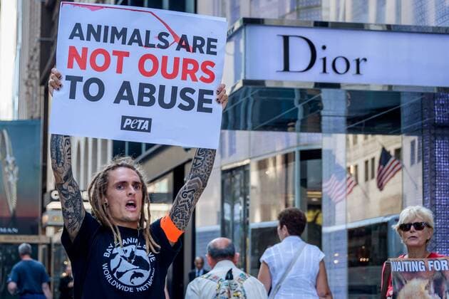 August 25, 2019, New York, USA: Animal Liberation activists targeted luxury fashion brands DIOR, FENDI, and D&G retail stores in New York on August 25, 2019 closing out the Official Animal Rights March weekend by sending a loud and powerful message to fur peddlers in NYC demanding they stop selling real fur and to stop killing animals for their fur. USA - ZUMAm432 20190825_znp_m432_013 Copyright: xErikxMcGregorx