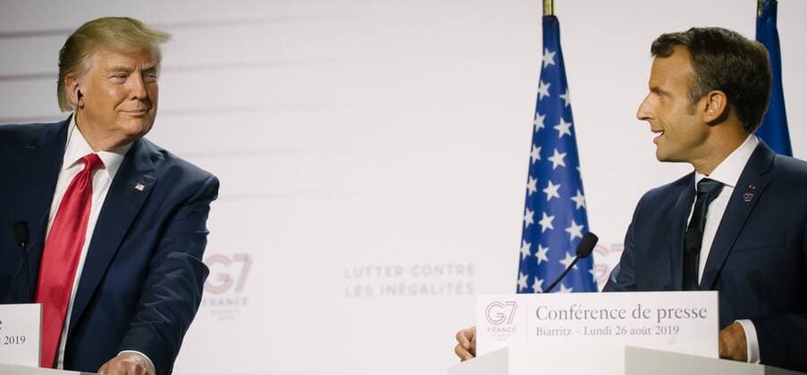 News Bilder des Tages 26.8.2019 - Gemeinsame Abschluspressekonferenz von Donald Trump und Emmanuel Macron - G7 in Biarritz - Vom 24. bis zum 26. August findet im südfranzösischen Biarritz, der jährlich ausgerichtete G7 Gipfel statt. Zum Abschluss der Tagung hielten der amerikanische Präsident Donald Trump und der französische Präsident Emmanuel Macron eine gemeinsame Pressekonferenz ab. Themen waren unter anderem die bilateralen Verhältnisse nd Beschlüsse der vergangenen Tage. *** 26 8 2019 Joint final press conference by Donald Trump and Emmanuel Macron G7 in Biarritz From 24 to 26 August, the annual G7 Summit will take place in Biarritz, southern France At the end of the conference, American President Donald Trump and French President Emmanuel Macron held a joint press conference Topics covered included bilateral relations and resolutions of the past Copyright: xMichaelxTrammerx