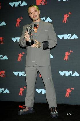 J Balvin holds his award as he poses for photos in the press room during the 36th annual MTV Video Music Awards at the Prudential Center in Newark, NJ on Monday, August 26, 2019.  NJP20190826311 MONIKAxGRAFF