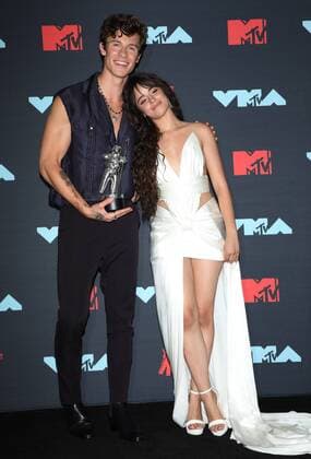 Shawn Mendes and Camila Cabello pose for photos in the press room during the 36th annual MTV Video Music Awards at the Prudential Center in Newark, NJ on Monday, August 26, 2019.  NJP20190826321 MONIKAxGRAFF