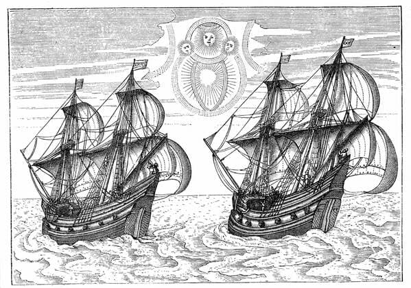 Willem Barents Willem Barents (d.1597) Dutch navigator who led expeditions in search of Northeast Passage. Barents and Rijp s vessels during 1597 expedition parting in July, Rijp sailing north towards east coast of Spitzbergen, Barents east to Novaya Zemlya and death. From De Veer s account of Barents voyages published 1598. Engraving Copyright: xPhoto12 AnnxRonanxPicturexLibraryx ARP07096_390001881