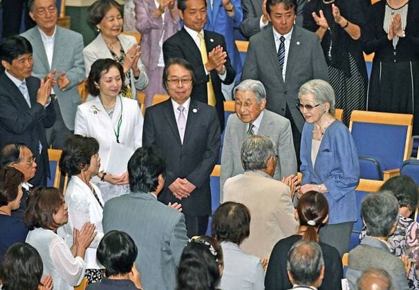 Former Japan emperor, empress at concert Former Japanese Emperor Akihito and former Empress Michiko arrive at the venue for a concert in Kusatsu, Gunma Prefecture, eastern Japan, on Aug. 27, 2019. (Pool Photo) 