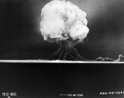 Los Alamos, New Mexico, July 16, 1945 The Trinity fireball, 15 seconds after the detonation of the first atomic bomb, rises into the air above the desert. ÂxUnderwoodxArchives 1-Ind-Nuc-W_8 1-Ind-Nuc-W_8HR