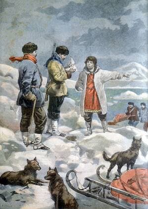 Search for the Andree expedition of 1897 Search for the Andree expedition of 1897 which attempted to reach the North Pole by balloon. All members of expedition perished. Salomon August Andree s body found in 1930. Here the captain of the whaler Thistle is being shown the ody of one of the carrier pigeons Andree had taken with him. 4 September 1898 From Le Petit Journal Paris Copyright: xPhoto12 AnnxRonanxPicturexLibraryx ARP07094390000845