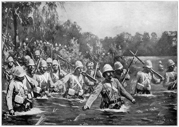 Battle of Modder River: Argyll and Sutherland Highlanders crossing the drift. After drawing by Allan Stewart Photos12.com - Ann Ronan Picture Library Copyright: xPhoto12 AnnxRonanxPicturexLibraryx ARP07102390006015