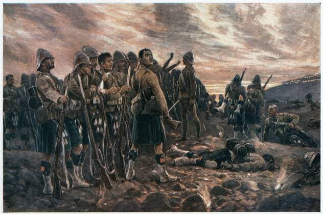 All That Was Left of Them , the Black Watch after the Battle of Magersfontein. After the drawing by R. Caton Woodville. 2nd Boer War 1899-1902 Photos12.com - Ann Ronan Picture Library Copyright: xPhoto12 AnnxRonanxPicturexLibraryx ARP07102390006098