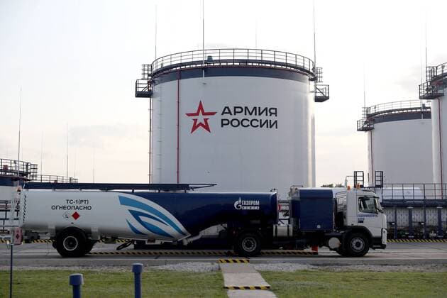 SARATOV REGION, RUSSIA - AUGUST 20, 2019: A fuelling vehicle at fuel tanks at the Engels Airfield during a Russian Army drill based on a scenario in which logistics units make the runway serviceable for Russian Air Force strategic bombers to take off following a drone attack and airstrike; the drill is taking place ahead of a broader logistical exercise by the Russian Armed Forces across Russia s Central Military District. Anton Novoderezhkin TASS  TS0B8542