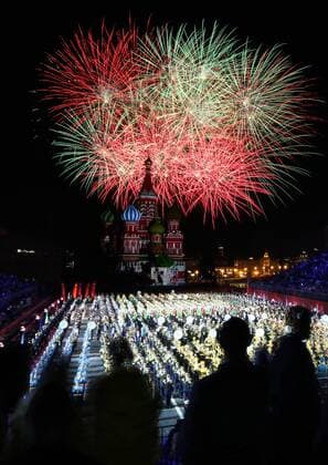 MOSCOW, RUSSIA - AUGUST 28, 2019: Fireworks at the end of a gala concert at the 2019 Spasskaya Tower Military Music Festival Festival and Tattoo in Red Square. Artyom Geodakyan TASS  TS0B863A