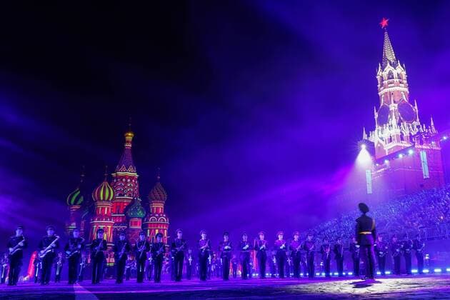 MOSCOW, RUSSIA - AUGUST 28, 2019: A military band perform at a gala concert at the 2019 Spasskaya Tower Military Music Festival Festival and Tattoo in Red Square. Artyom Geodakyan TASS  TS0B863E
