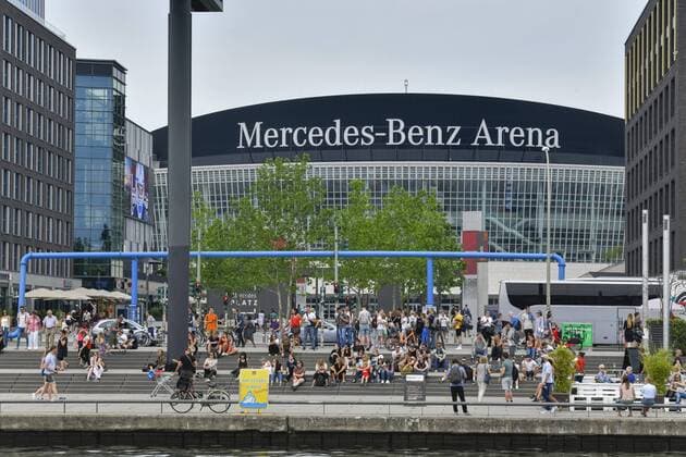 Mercedes Benz Arena, Mercedes Benz Platz, Muehlenstraße, Spree, Friedrichshain, Berlin, Germany