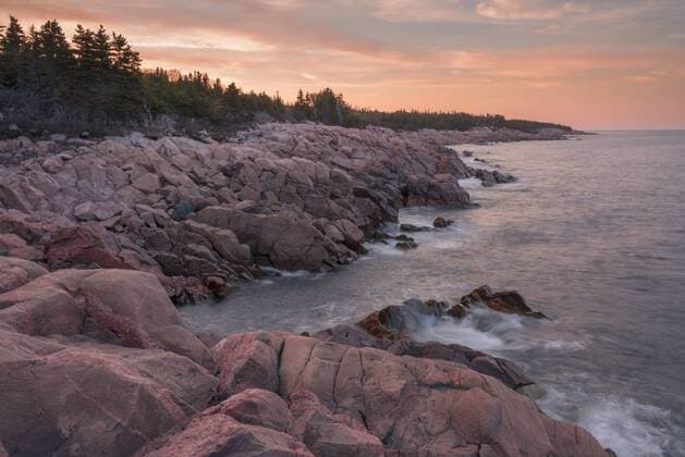 Waves and rocky coastline at sunset, Lackies Head and Green Cove, Cape Breton National Park, Nova Scotia, Canada, North America Copyright: JonxReaves 1241-178